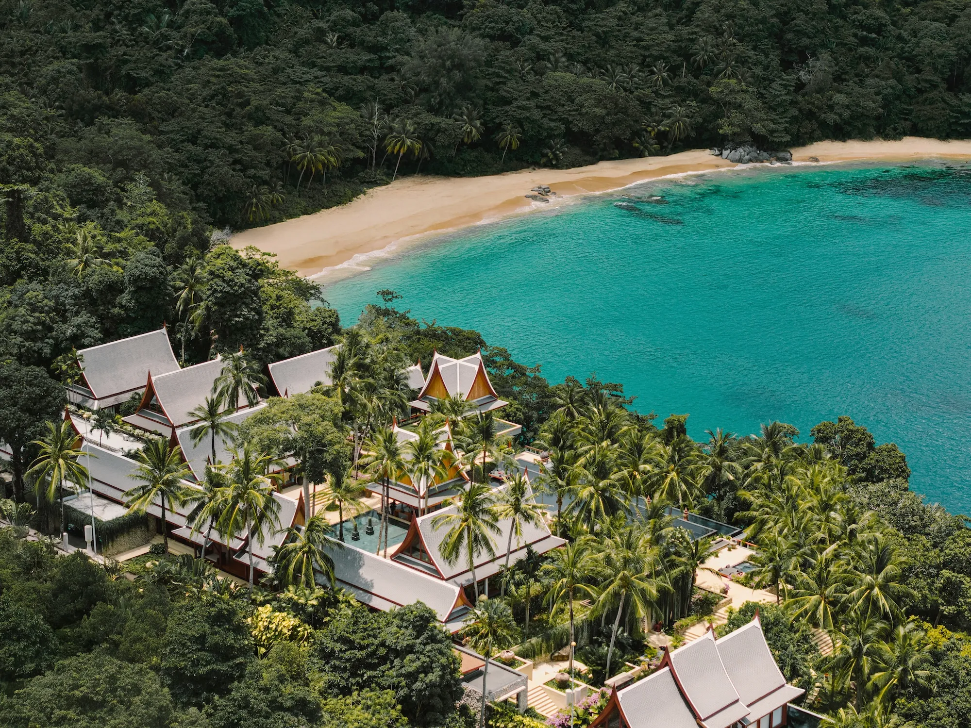 Aerial view of luxury villa rental Phuket at Chandara Estate above Laemsingh Beach